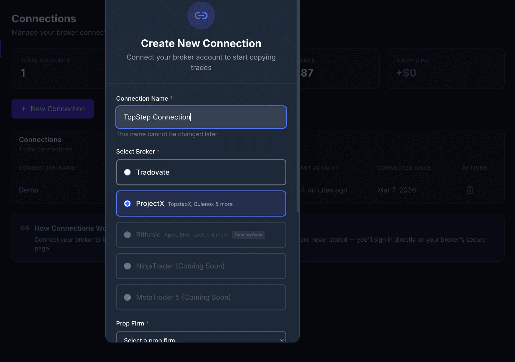New connection modal with ProjectX selected and TopStep Connection name