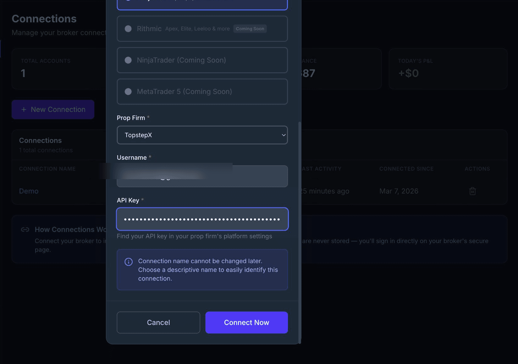 ProjectX connection form showing prop firm dropdown, username and API key fields