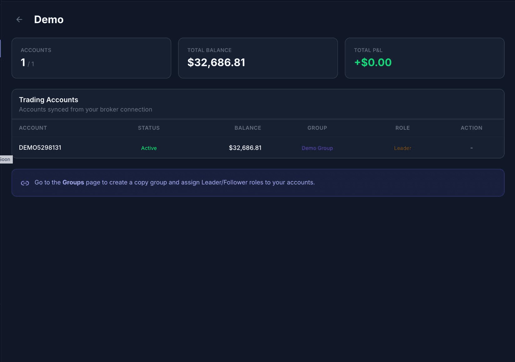 Connection details page showing Tradovate account assigned as Leader in Demo Group