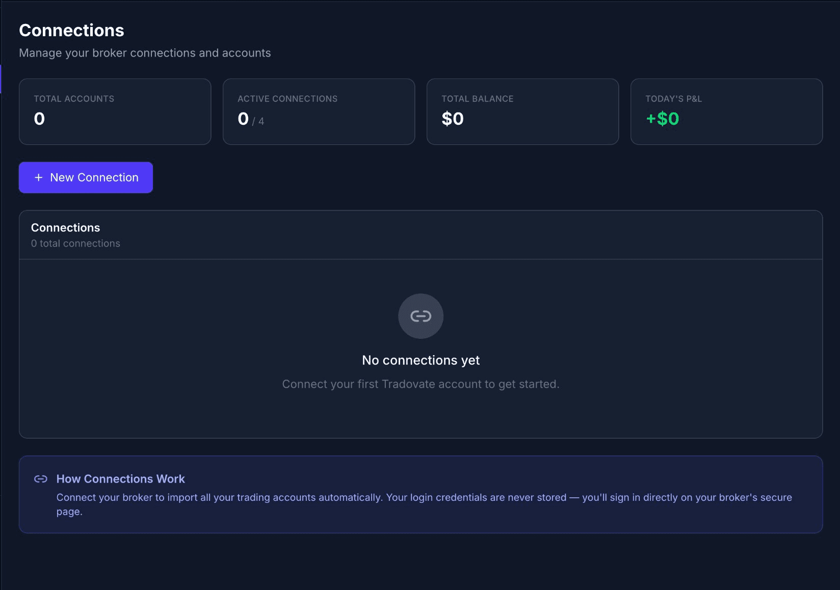 Connections page with New Connection button