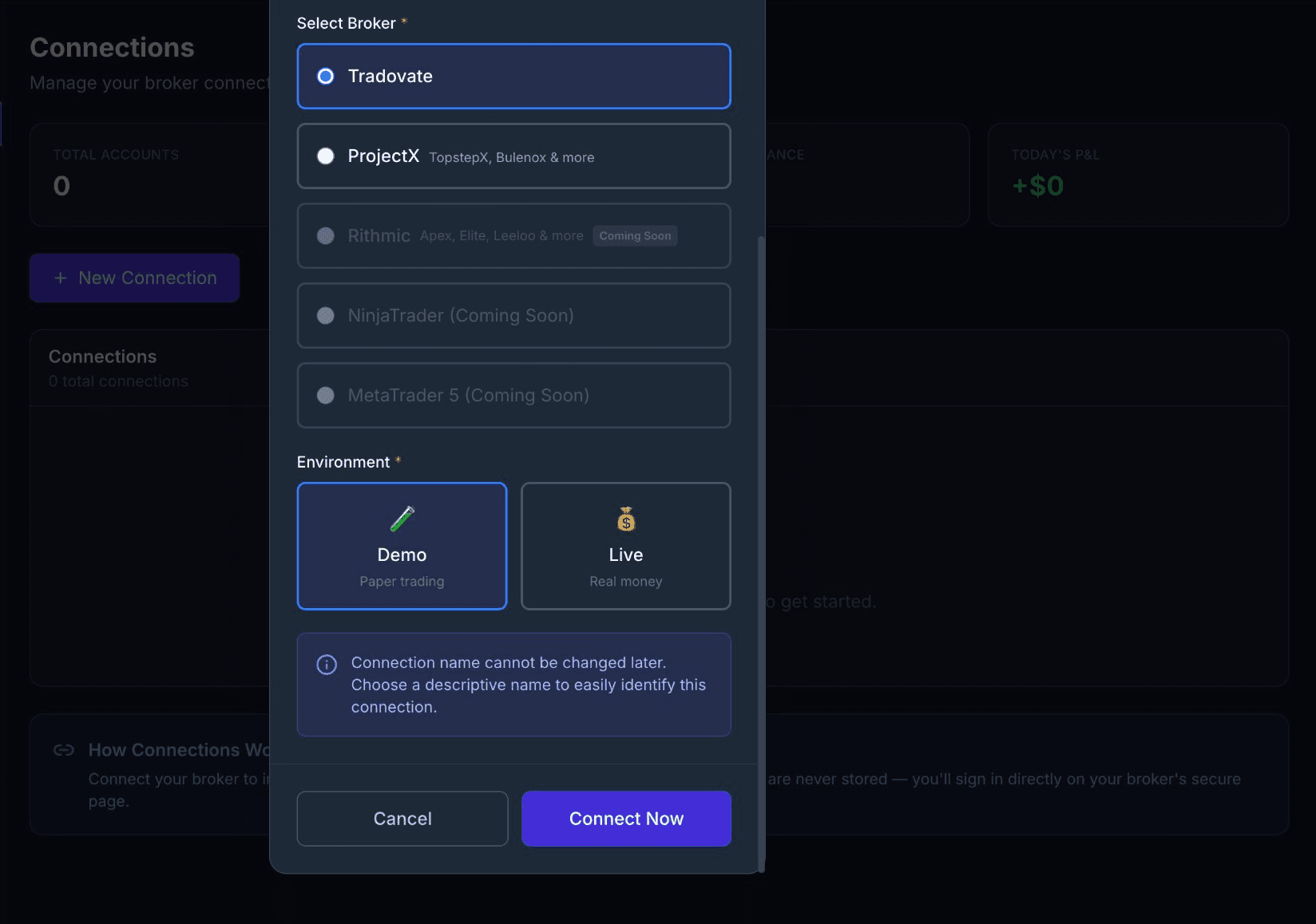 Create New Connection modal showing broker selection