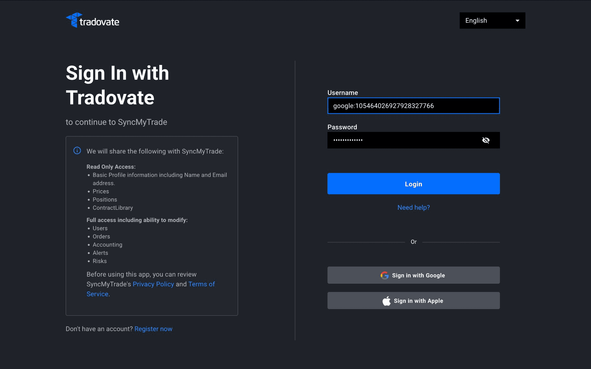 Tradovate OAuth login page