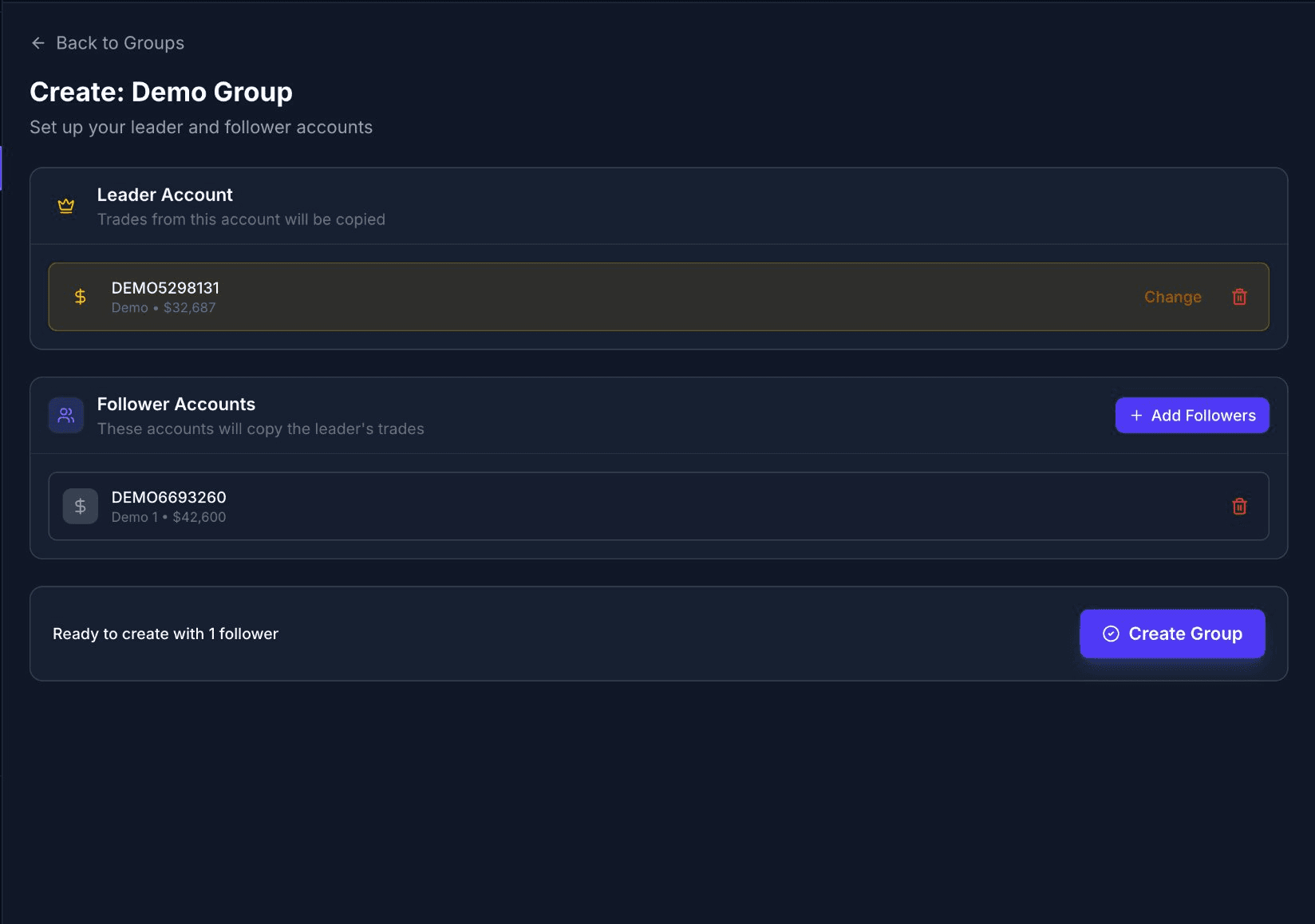 Group setup with leader and follower selected, ready to create