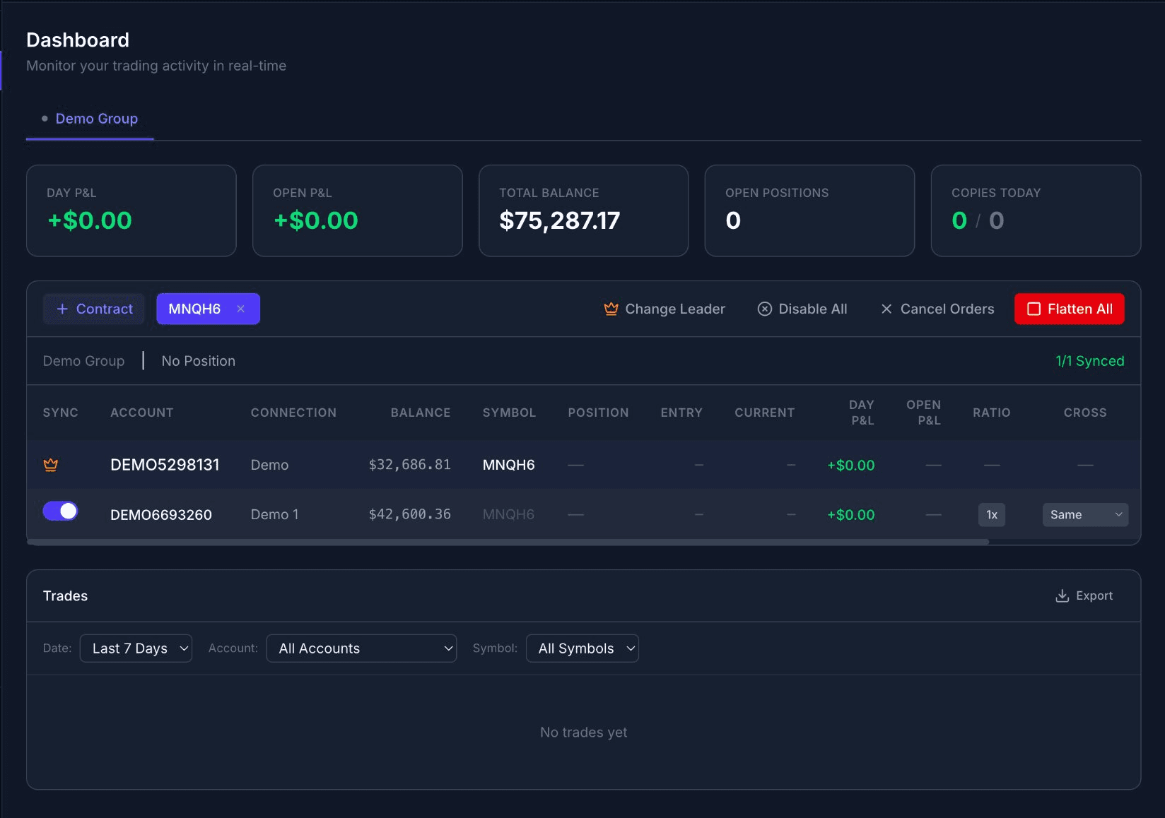 Dashboard showing active copy group with accounts synced